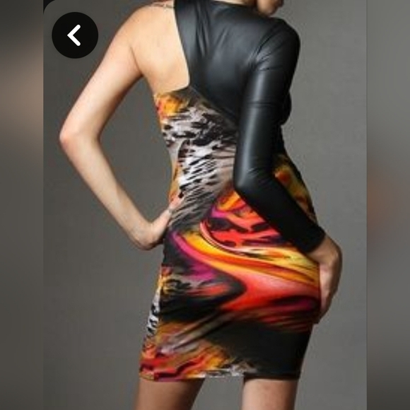 Faux Leather one Sleeve fitted dress - Picture 2 of 3